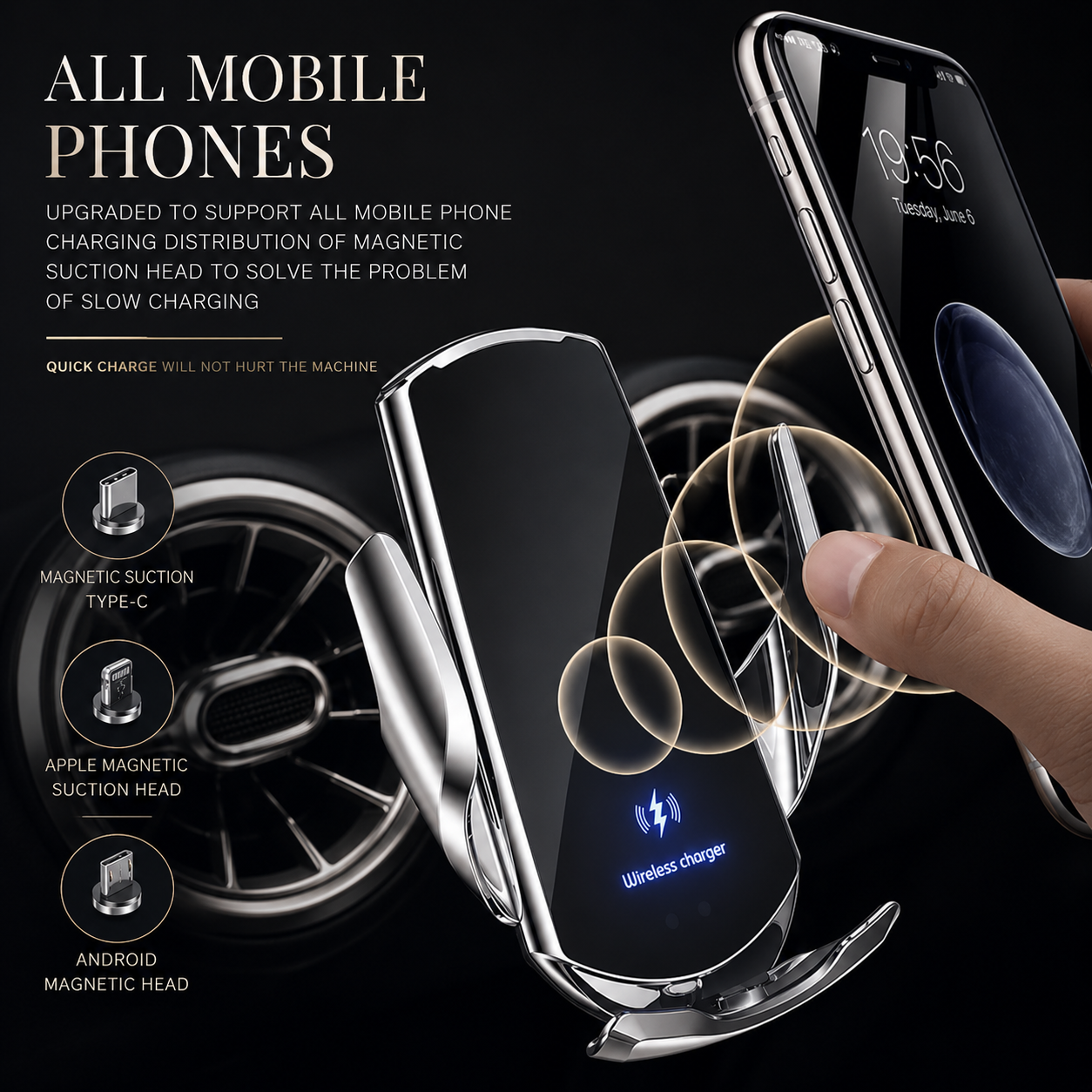 Premium Wireless Car Charger 30W Fast Charging Magnetic Phone Mount Infrared Auto Clamp USB-C LED Display Smart Vent Holder Hands Free Charging