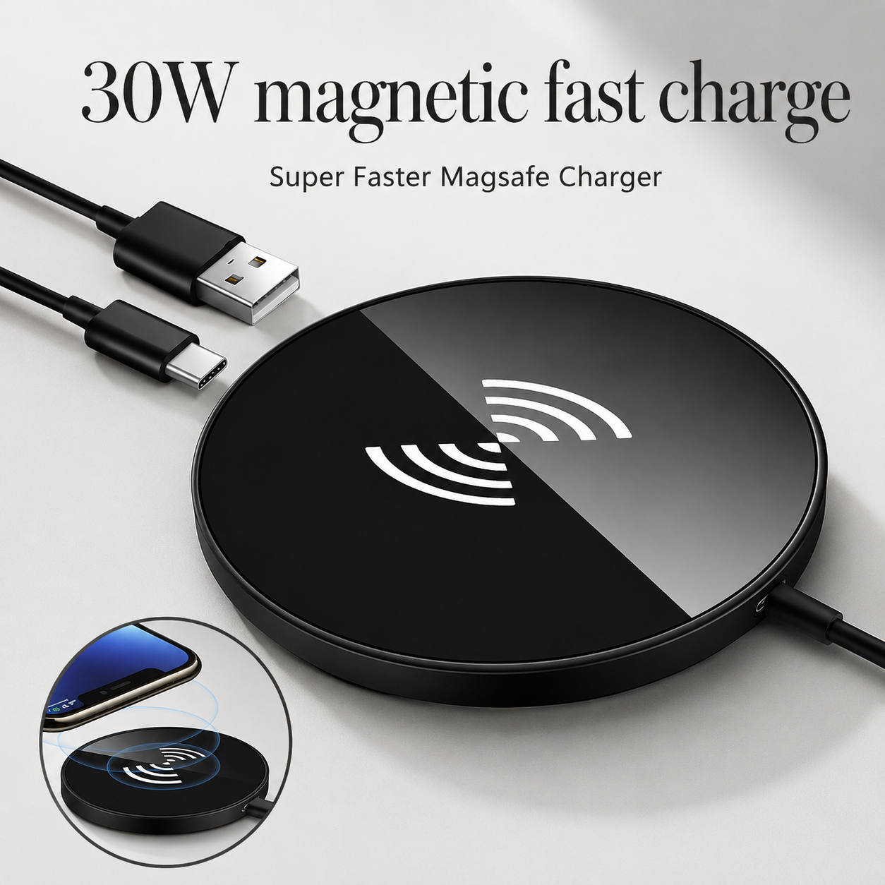 Premium Wireless Charger MagSafe Compatible 30W Fast Charging Magnetic Stand USB C PD Power Delivery Dock Stable Alignment Desktop Mount Design
