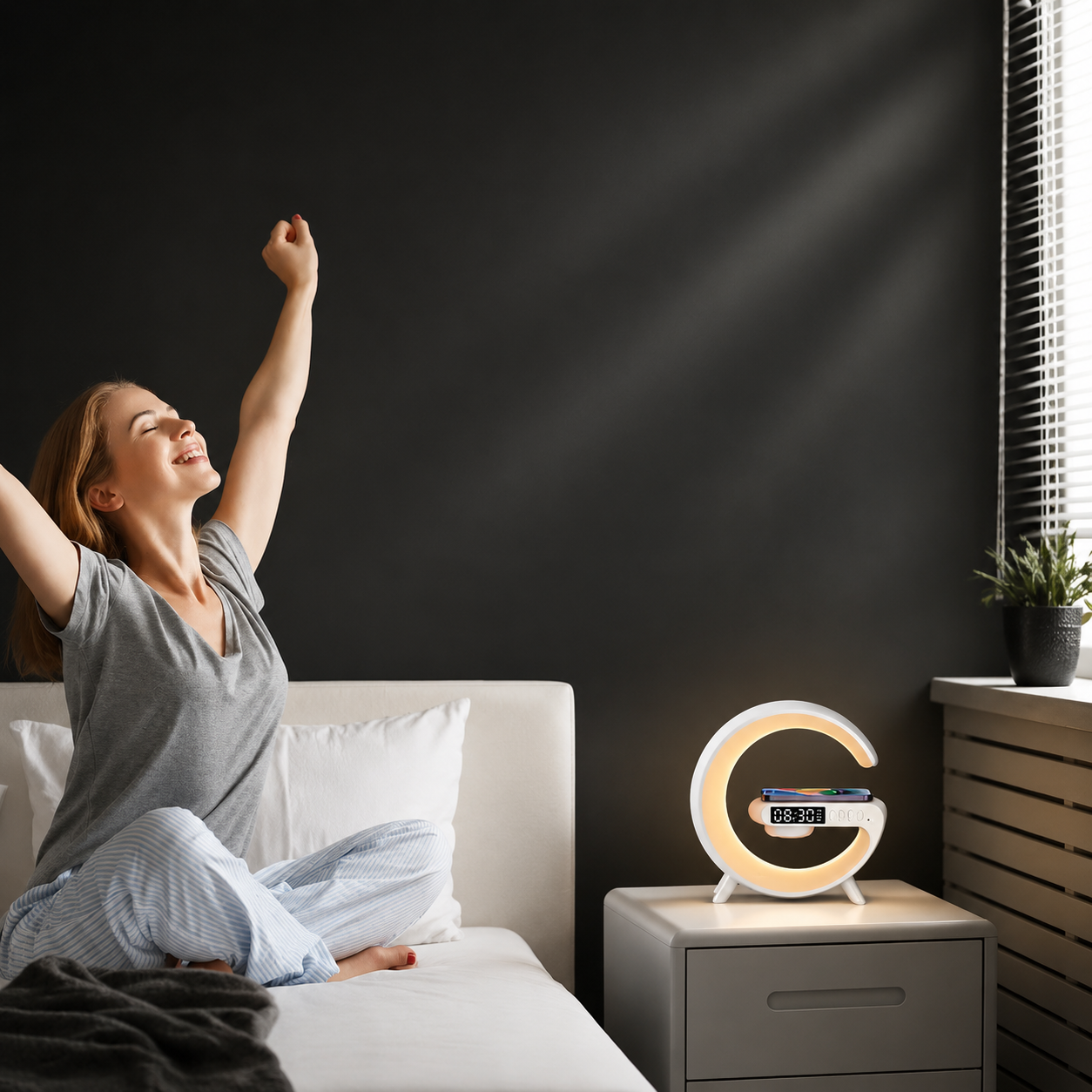 Premium Wireless Charging Station RGB Bluetooth Speaker Clock Fast Charging Dock USB C Multi Device Charger LED Alarm Night Light Desk Organizer