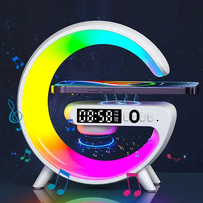 Premium Wireless Charging Station RGB Bluetooth Speaker Clock Fast Charging Dock USB C Multi Device Charger LED Alarm Night Light Desk Organizer