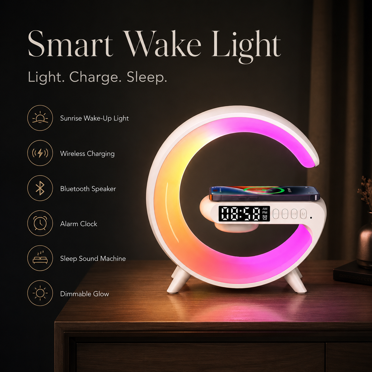 Premium Wireless Charging Station RGB Bluetooth Speaker Clock Fast Charging Dock USB C Multi Device Charger LED Alarm Night Light Desk Organizer