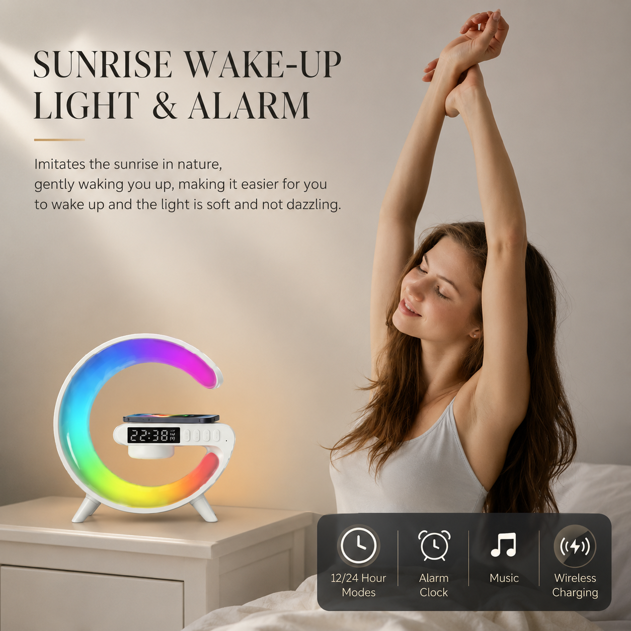 Premium Wireless Charging Station RGB Bluetooth Speaker Clock Fast Charging Dock USB C Multi Device Charger LED Alarm Night Light Desk Organizer