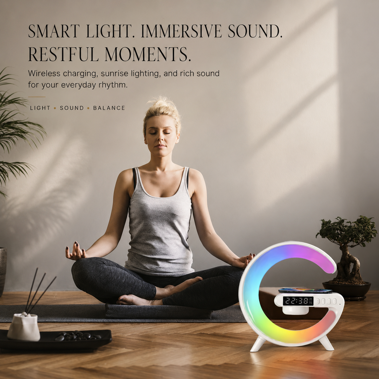 Premium Wireless Charging Station RGB Bluetooth Speaker Clock Fast Charging Dock USB C Multi Device Charger LED Alarm Night Light Desk Organizer