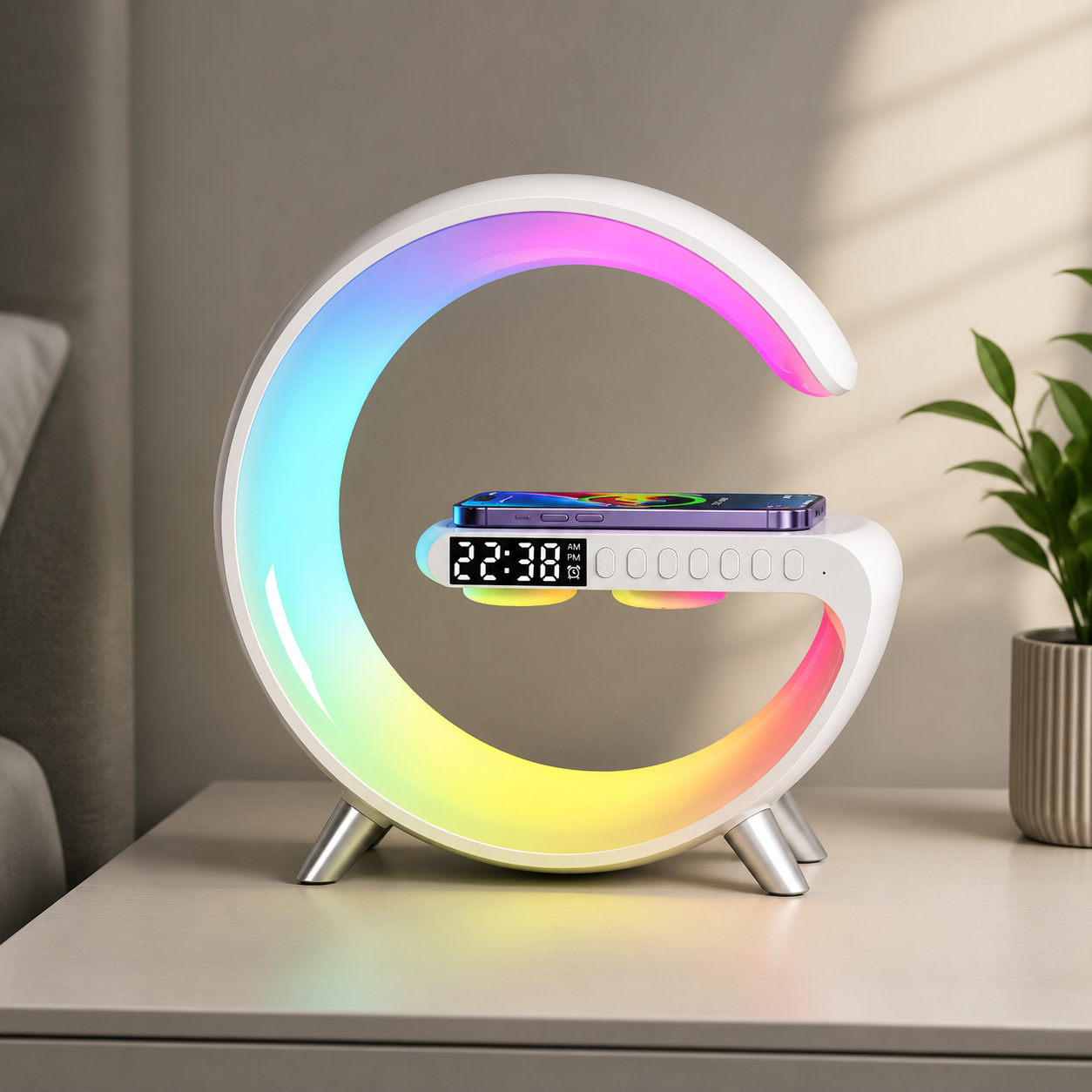 Premium Wireless Charging Station RGB Bluetooth Speaker Clock Fast Charging Dock USB C Multi Device Charger LED Alarm Night Light Desk Organizer
