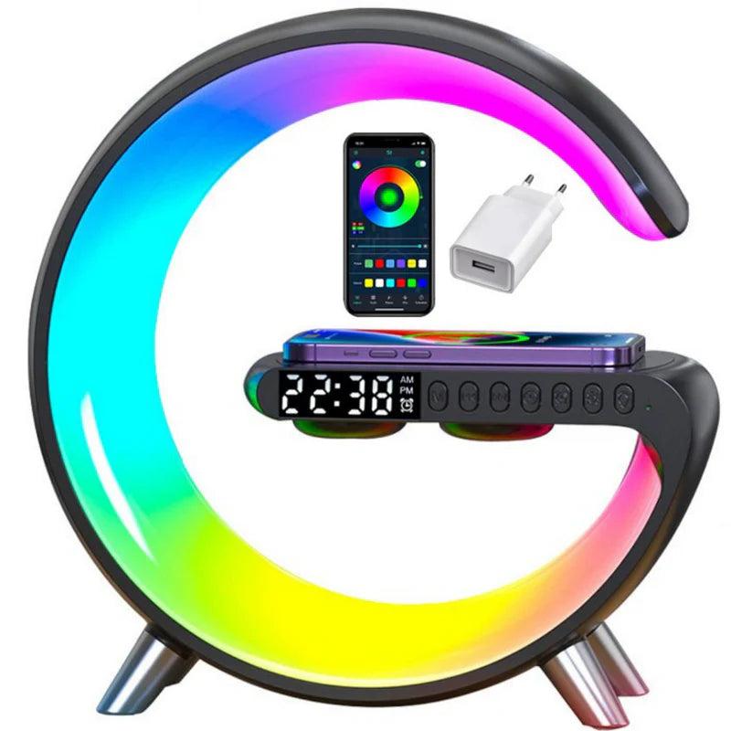 Premium Wireless Charging Station RGB Bluetooth Speaker Clock Fast Charging Dock USB C Multi Device Charger LED Alarm Night Light Desk Organizer