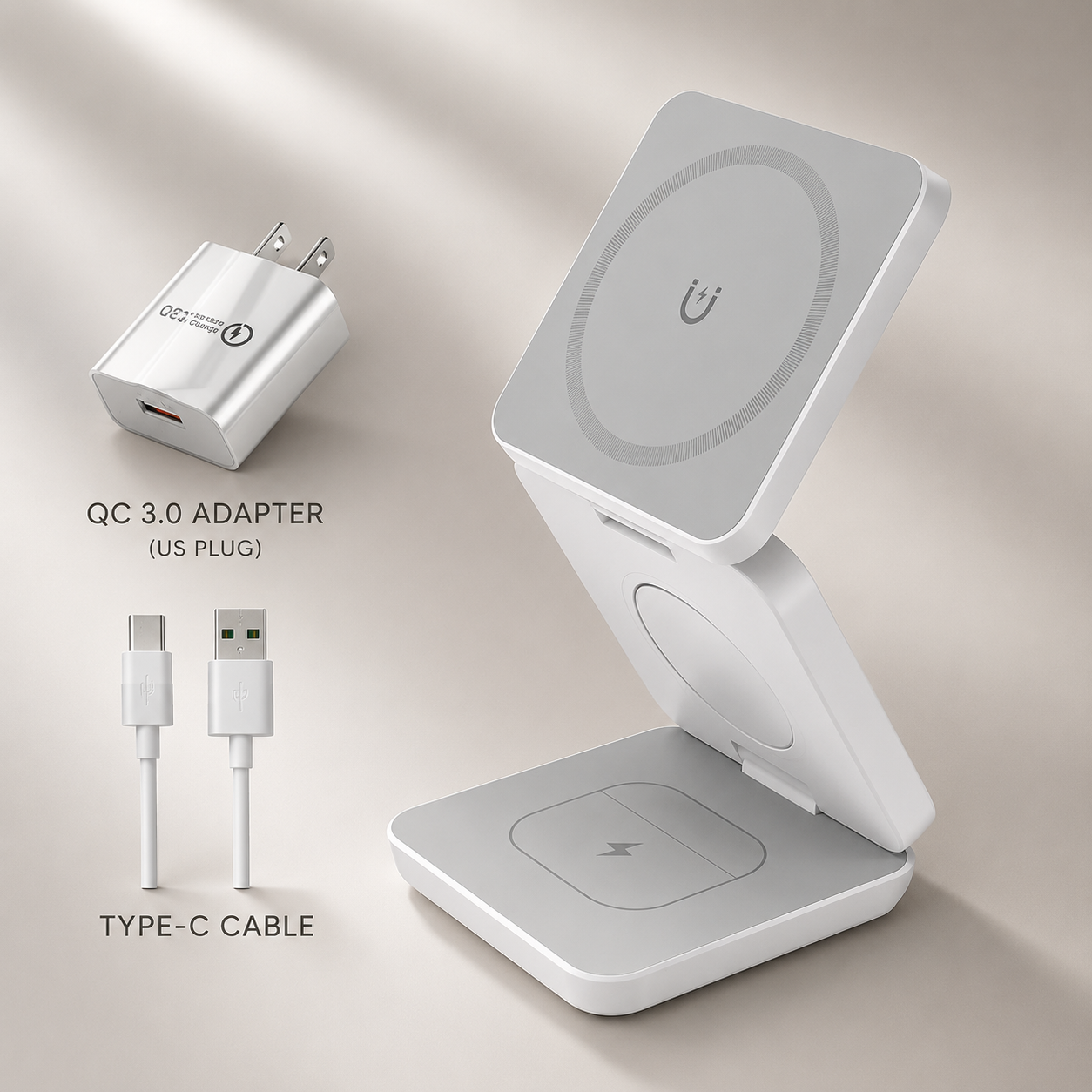 Premium iPhone 3 In 1 Foldable Magnetic Wireless Charging Station 15W Fast Charger Watch Earbuds Stand Compact Travel Docking Hub Organizer Desk Pad