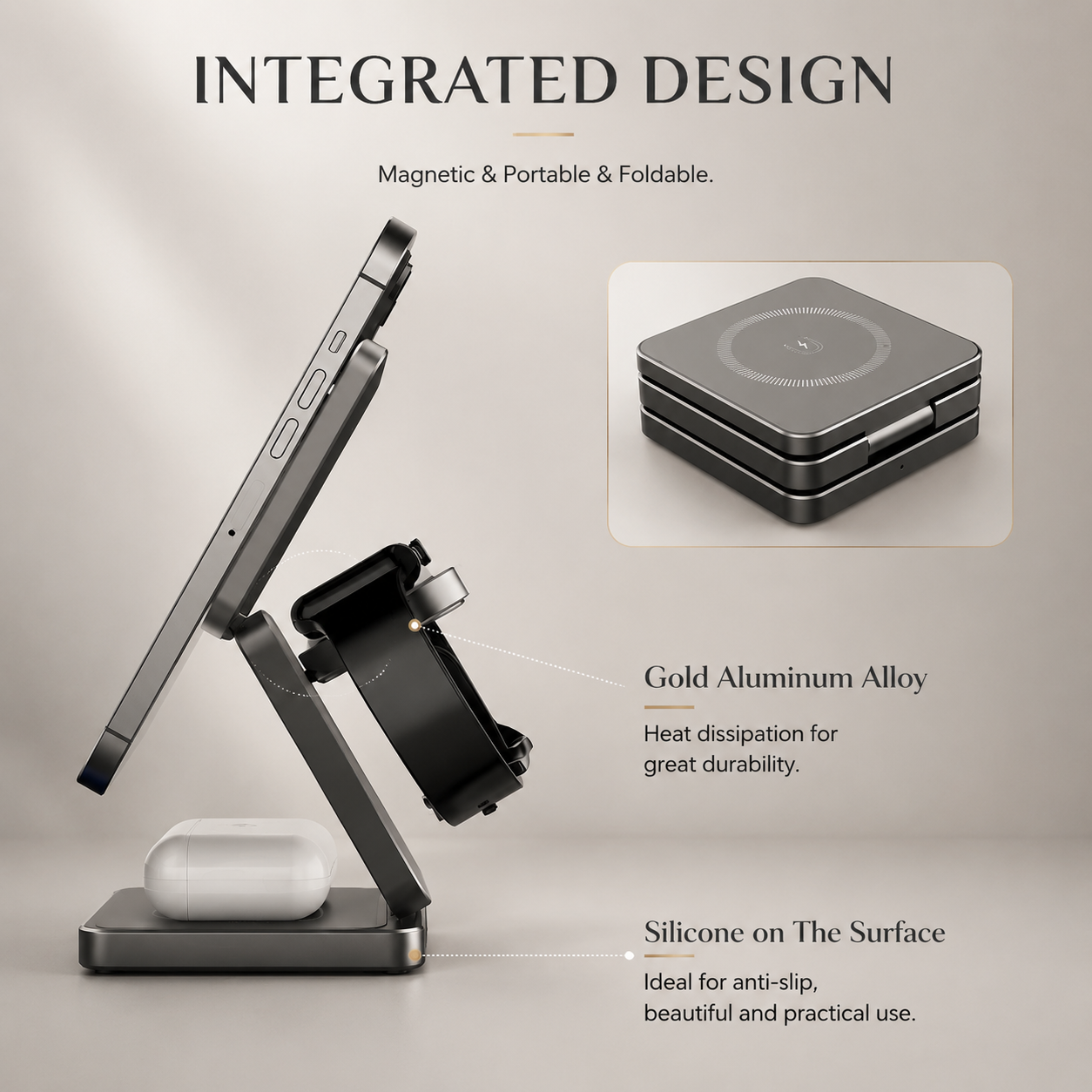 Premium iPhone 3 In 1 Foldable Magnetic Wireless Charging Station 15W Fast Charger Watch Earbuds Stand Compact Travel Docking Hub Organizer Desk Pad