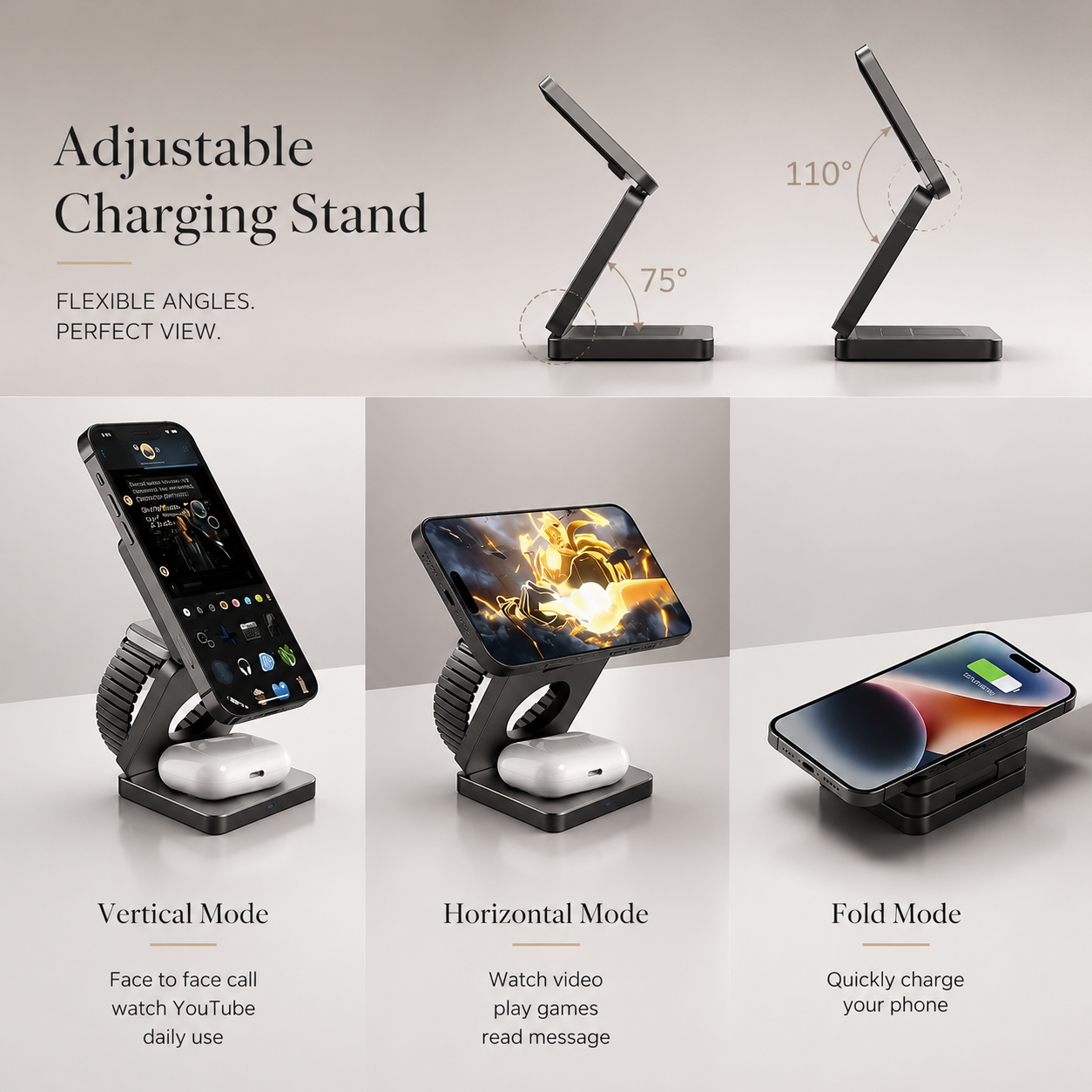 Premium iPhone 3 In 1 Foldable Magnetic Wireless Charging Station 15W Fast Charger Watch Earbuds Stand Compact Travel Docking Hub Organizer Desk Pad