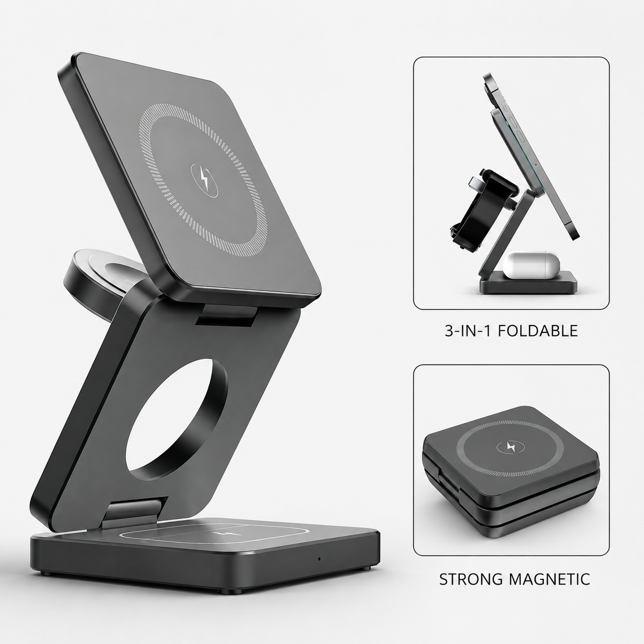 Premium iPhone 3 In 1 Foldable Magnetic Wireless Charging Station 15W Fast Charger Watch Earbuds Stand Compact Travel Docking Hub Organizer Desk Pad