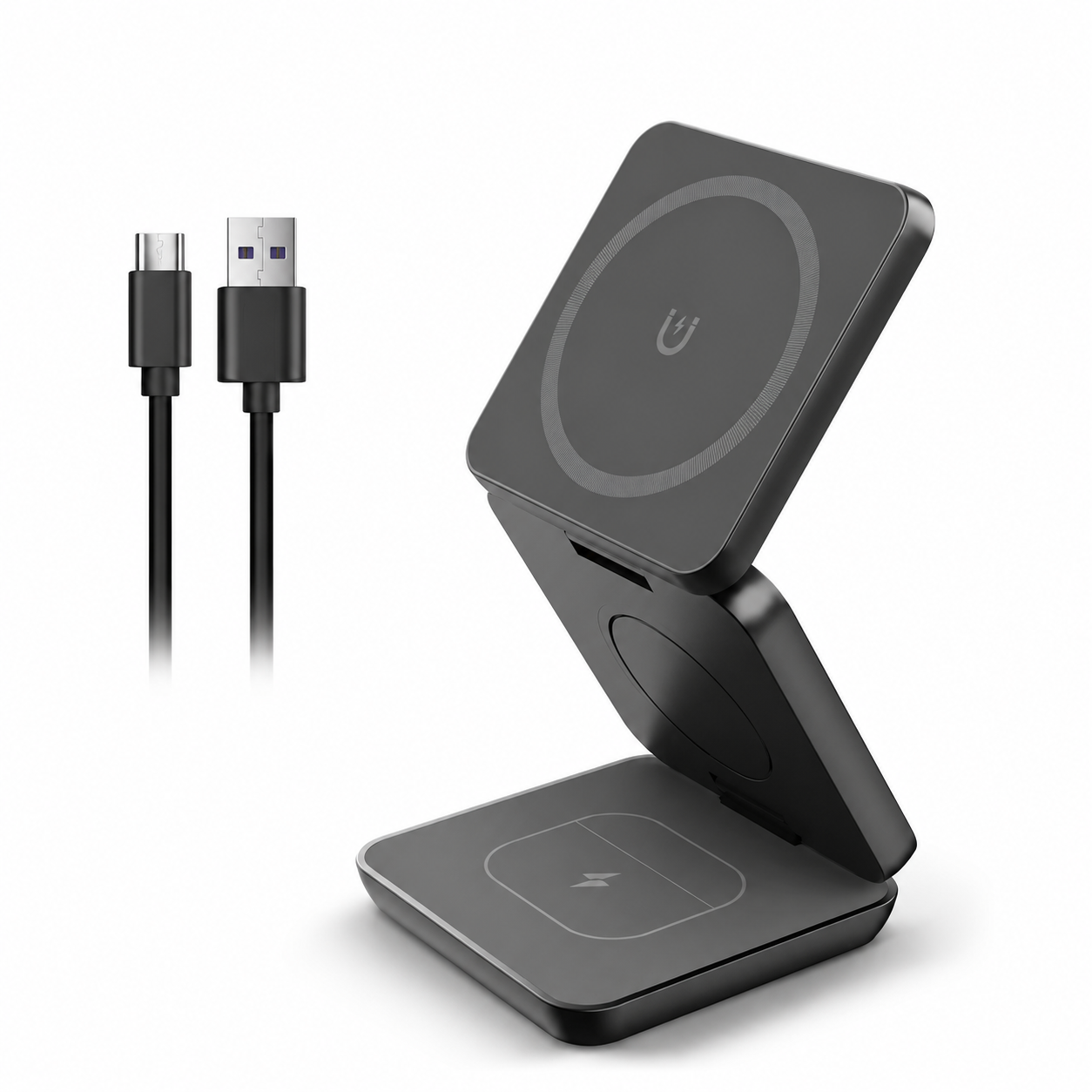 Premium iPhone 3 In 1 Foldable Magnetic Wireless Charging Station 15W Fast Charger Watch Earbuds Stand Compact Travel Docking Hub Organizer Desk Pad