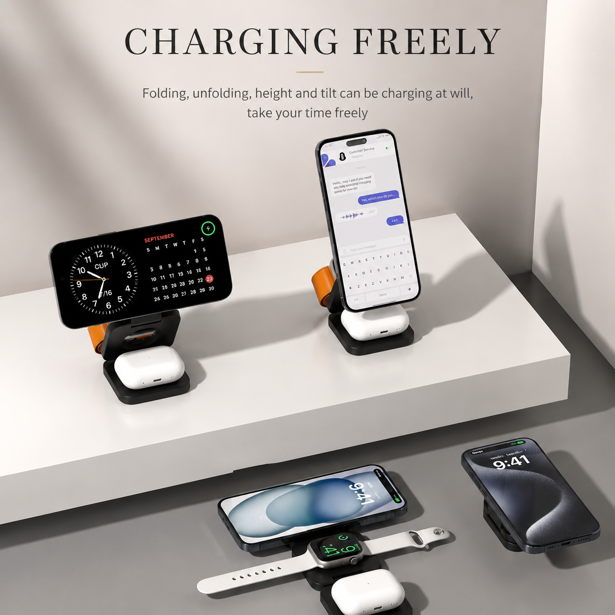 Premium iPhone 3 In 1 Foldable Magnetic Wireless Charging Station 15W Fast Charger Watch Earbuds Stand Compact Travel Docking Hub Organizer Desk Pad