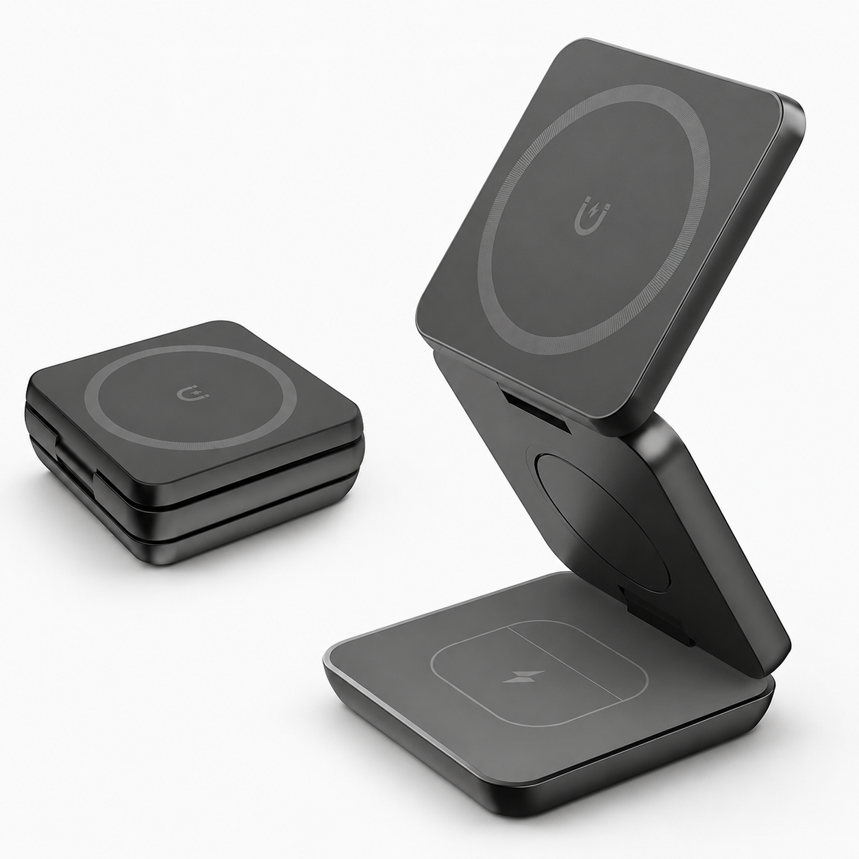Premium iPhone 3 In 1 Foldable Magnetic Wireless Charging Station 15W Fast Charger Watch Earbuds Stand Compact Travel Docking Hub Organizer Desk Pad