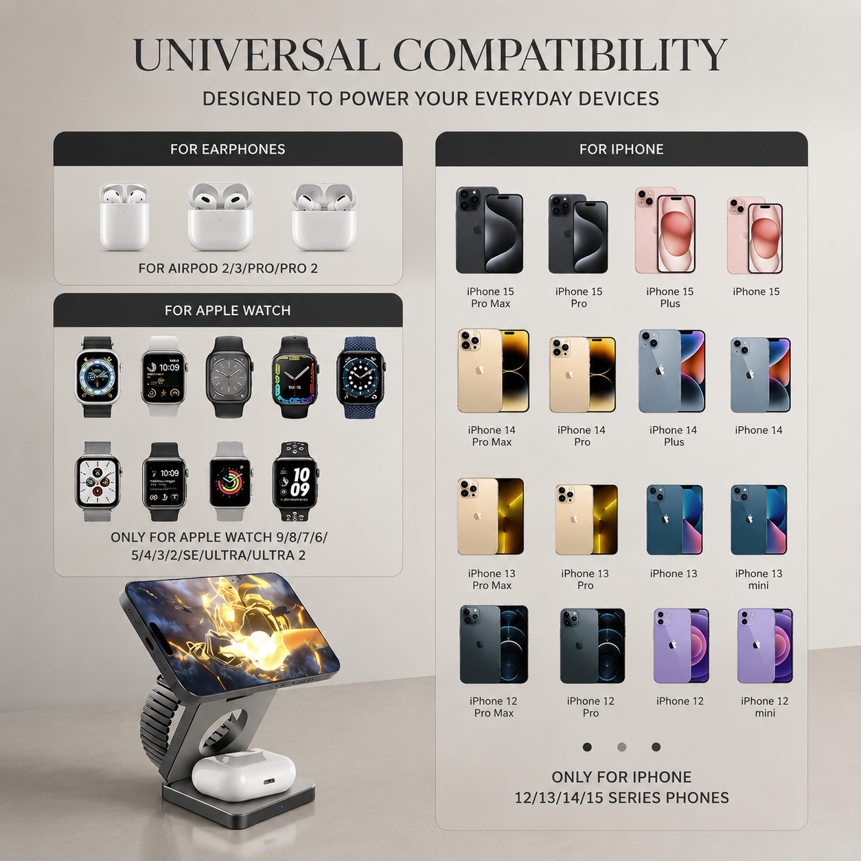 Premium iPhone 3 In 1 Foldable Magnetic Wireless Charging Station 15W Fast Charger Watch Earbuds Stand Compact Travel Docking Hub Organizer Desk Pad