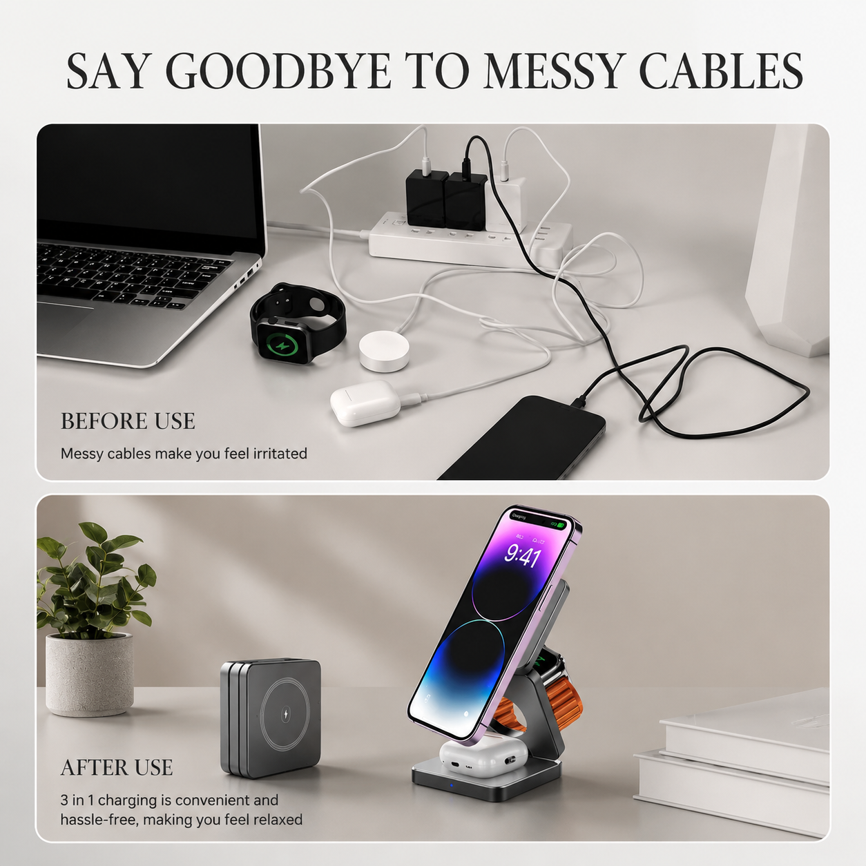 Premium iPhone 3 In 1 Foldable Magnetic Wireless Charging Station 15W Fast Charger Watch Earbuds Stand Compact Travel Docking Hub Organizer Desk Pad