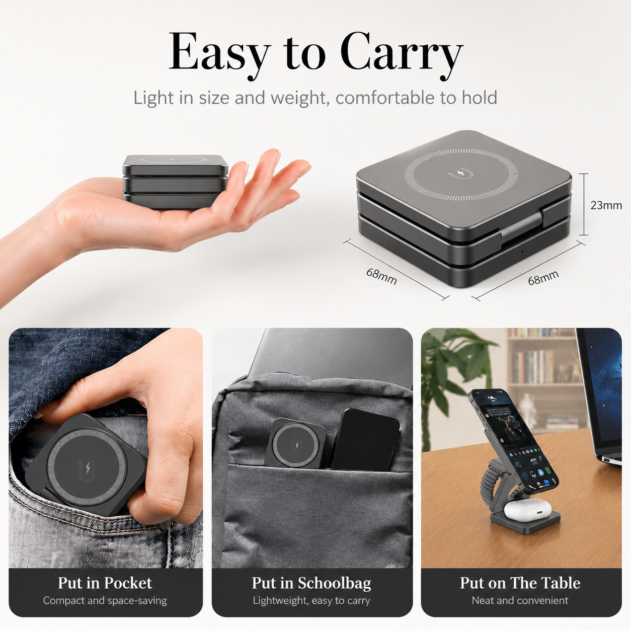 Premium iPhone 3 In 1 Foldable Magnetic Wireless Charging Station 15W Fast Charger Watch Earbuds Stand Compact Travel Docking Hub Organizer Desk Pad