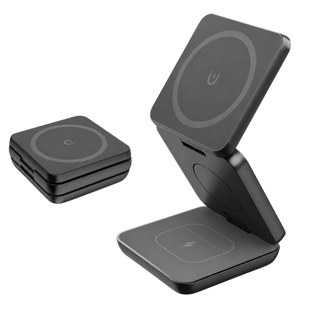Premium iPhone 3 In 1 Foldable Magnetic Wireless Charging Station 15W Fast Charger Watch Earbuds Stand Compact Travel Docking Hub Organizer Desk Pad