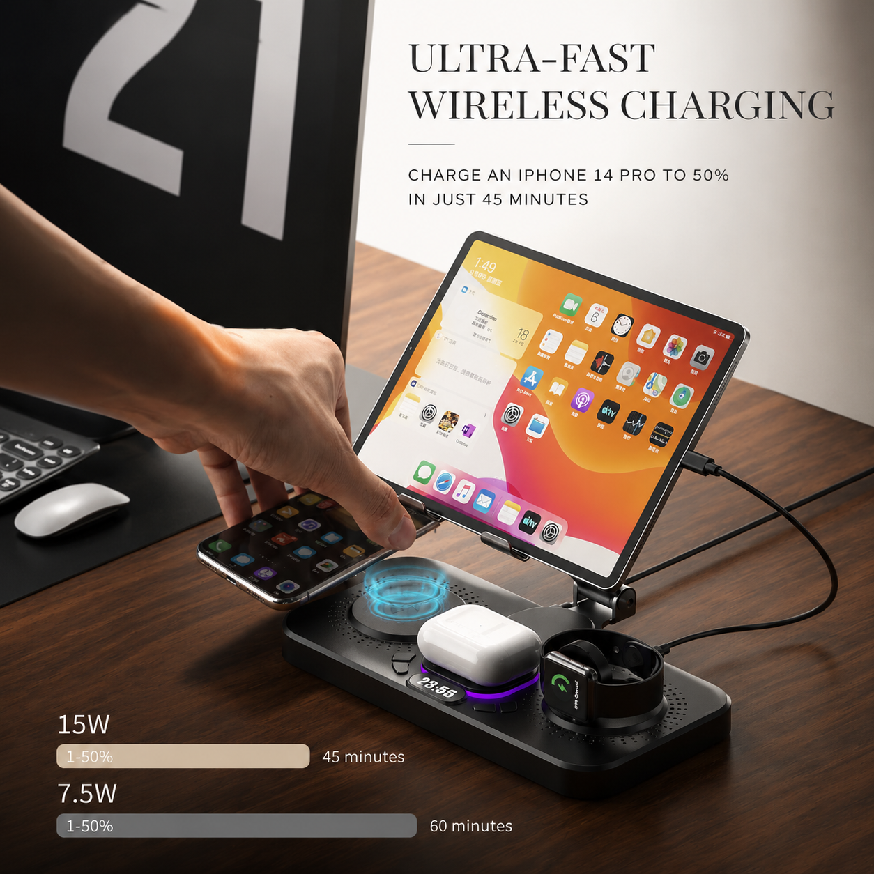 Premium iPhone 4 In 1 Foldable Wireless Charging Station 15W Magnetic Fast Charger Watch Earbuds Stand LED Indicator Docking Organizer Hub Desktop