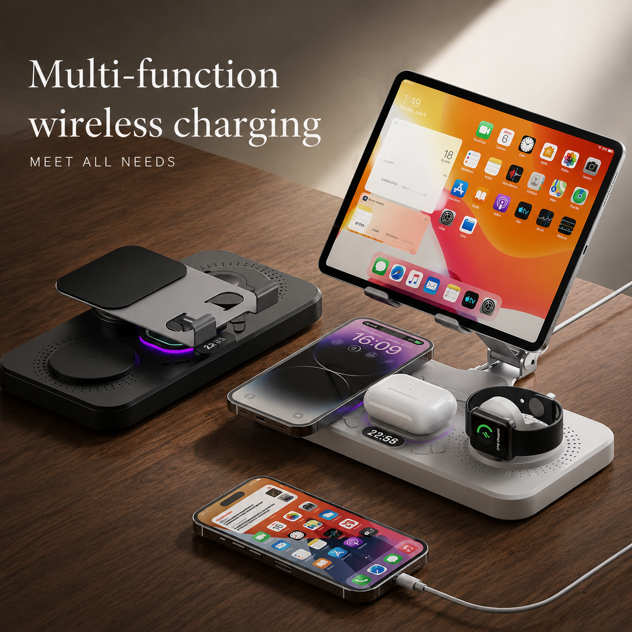 Premium iPhone 4 In 1 Foldable Wireless Charging Station 15W Magnetic Fast Charger Watch Earbuds Stand LED Indicator Docking Organizer Hub Desktop