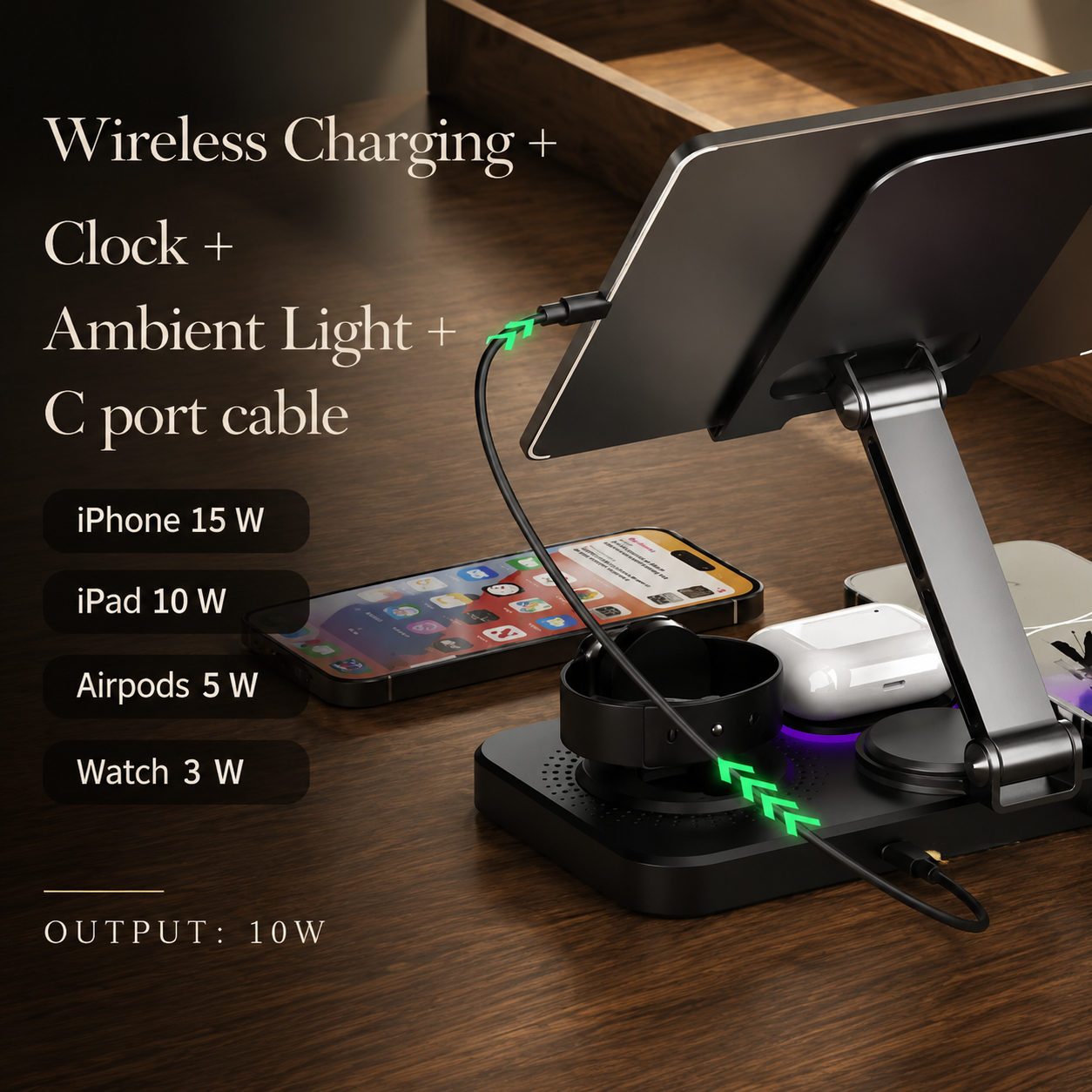 Premium iPhone 4 In 1 Foldable Wireless Charging Station 15W Magnetic Fast Charger Watch Earbuds Stand LED Indicator Docking Organizer Hub Desktop