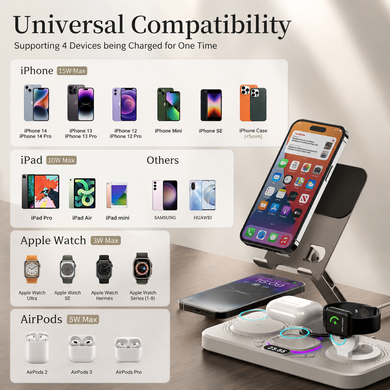Premium iPhone 4 In 1 Foldable Wireless Charging Station 15W Magnetic Fast Charger Watch Earbuds Stand LED Indicator Docking Organizer Hub Desktop