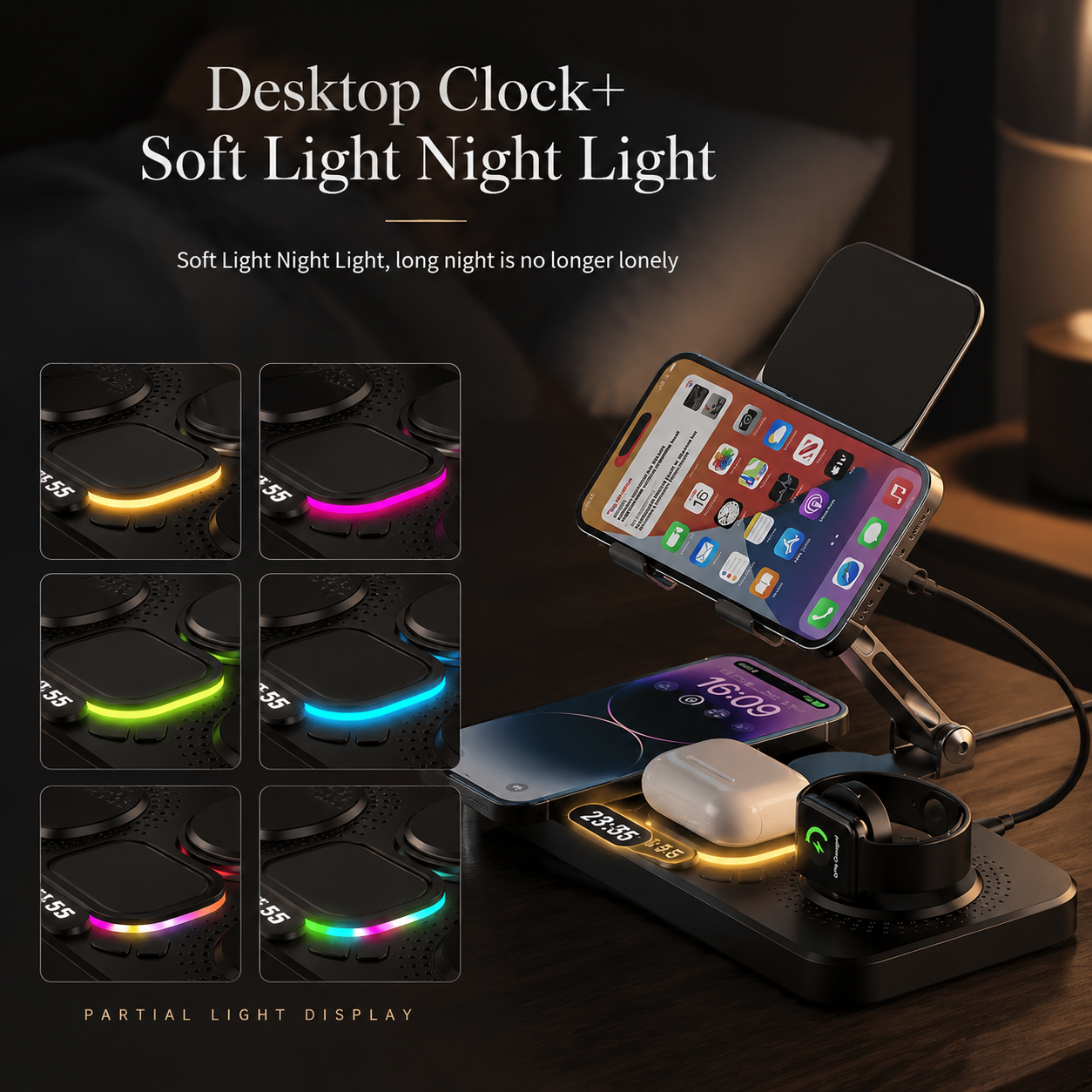 Premium iPhone 4 In 1 Foldable Wireless Charging Station 15W Magnetic Fast Charger Watch Earbuds Stand LED Indicator Docking Organizer Hub Desktop