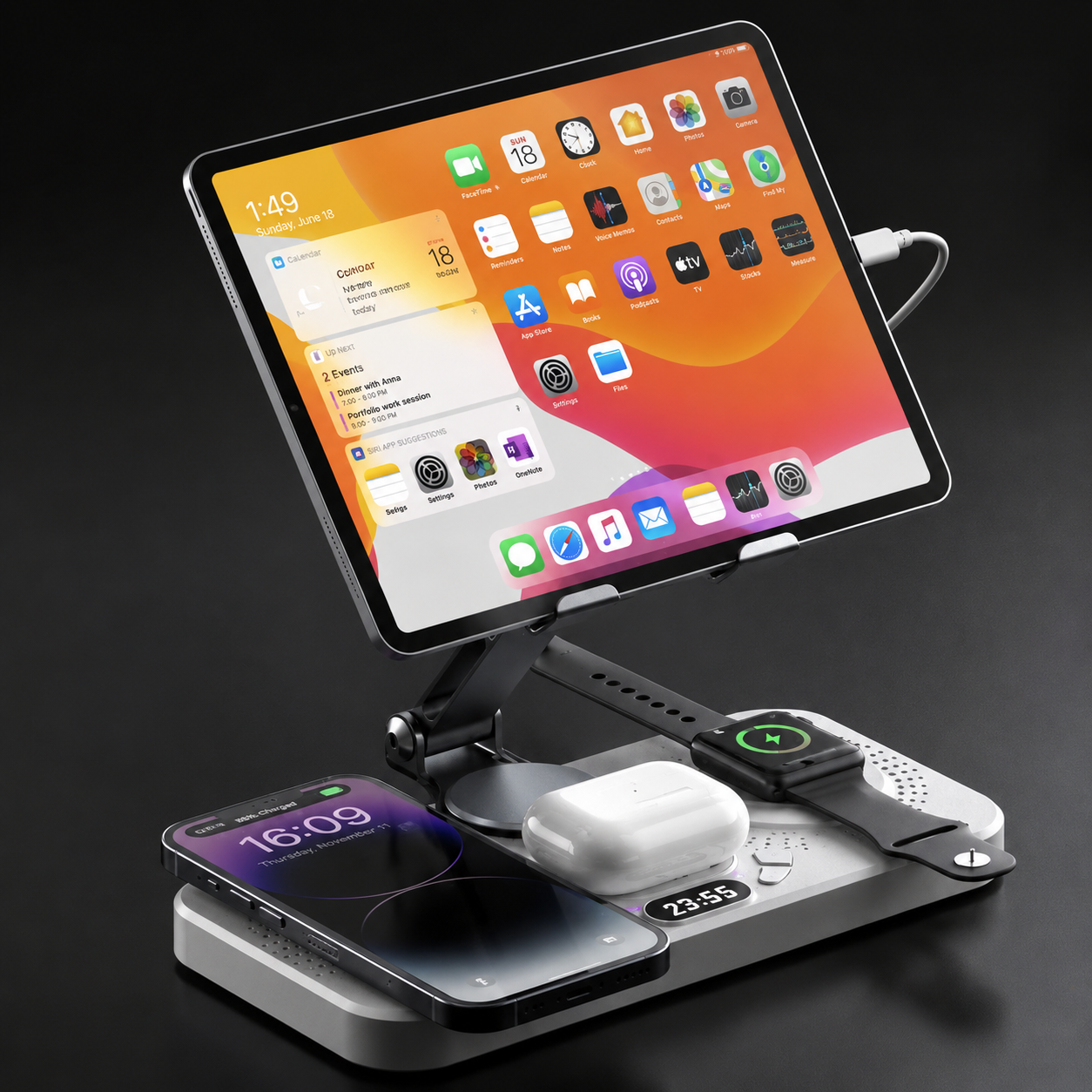 Premium iPhone 4 In 1 Foldable Wireless Charging Station 15W Magnetic Fast Charger Watch Earbuds Stand LED Indicator Docking Organizer Hub Desktop
