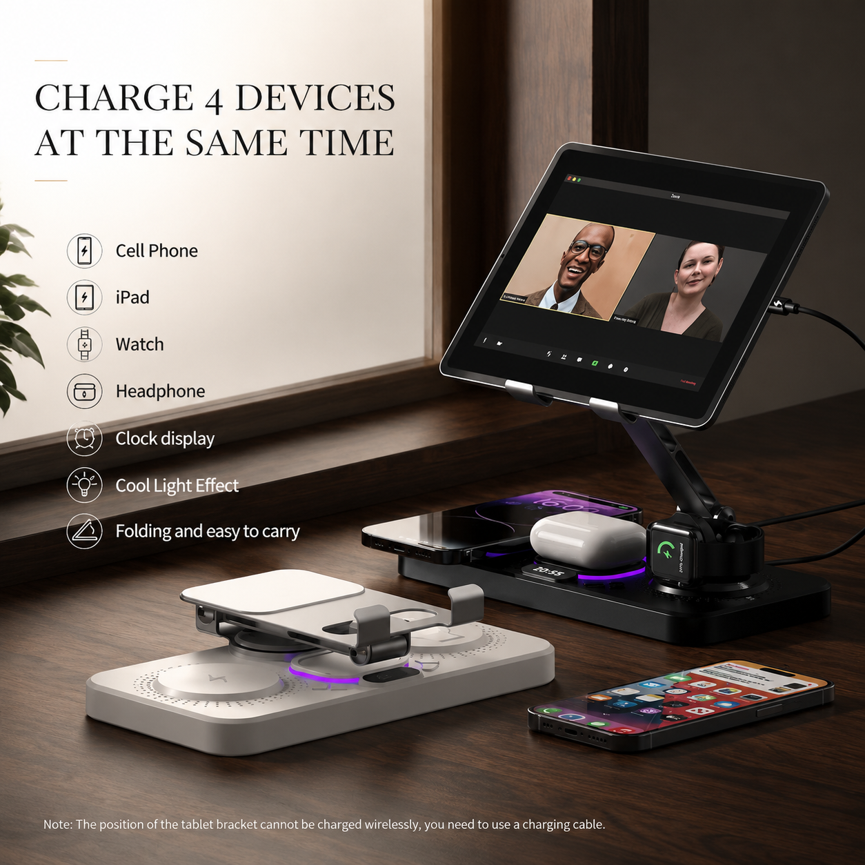 Premium iPhone 4 In 1 Foldable Wireless Charging Station 15W Magnetic Fast Charger Watch Earbuds Stand LED Indicator Docking Organizer Hub Desktop