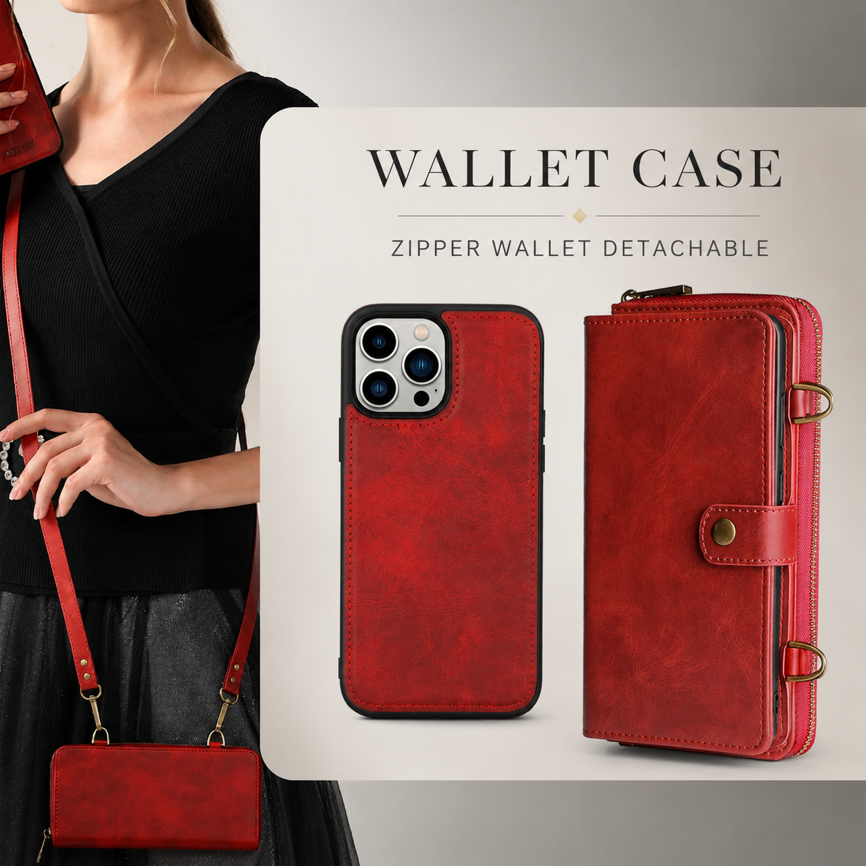 Premium iPhone Case 2 in 1 Detachable Wallet PU Leather Cover Zipper Purse Magnetic Flip Clasp Card Holder Shockproof Dual Layer Protection Lanyard