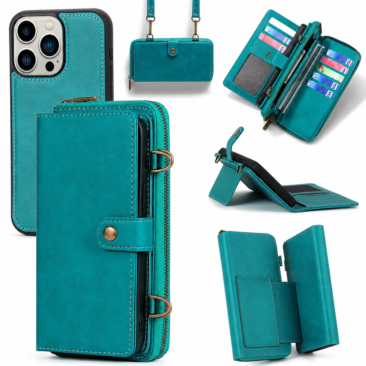 Premium iPhone Case 2 in 1 Detachable Wallet PU Leather Cover Zipper Purse Magnetic Flip Clasp Card Holder Shockproof Dual Layer Protection Lanyard