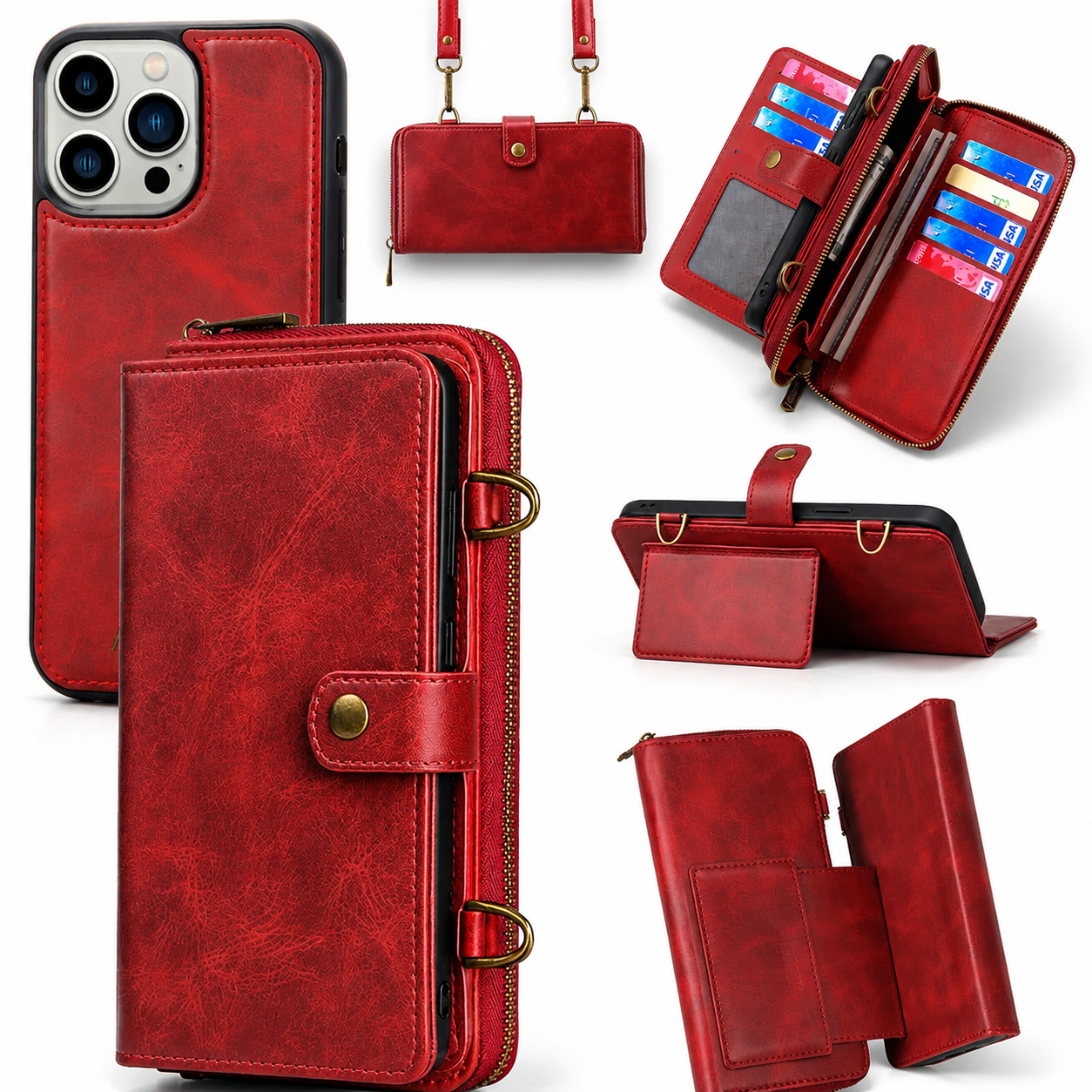Premium iPhone Case 2 in 1 Detachable Wallet PU Leather Cover Zipper Purse Magnetic Flip Clasp Card Holder Shockproof Dual Layer Protection Lanyard