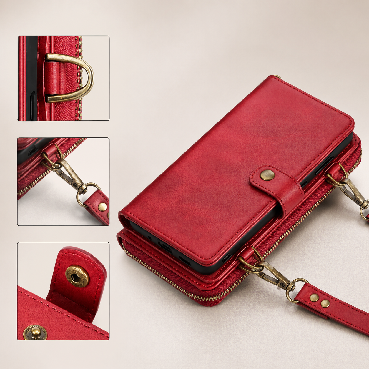 Premium iPhone Case 2 in 1 Detachable Wallet PU Leather Cover Zipper Purse Magnetic Flip Clasp Card Holder Shockproof Dual Layer Protection Lanyard
