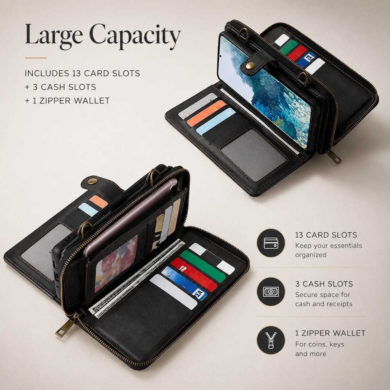 Premium iPhone Case 2 in 1 Detachable Wallet PU Leather Cover Zipper Purse Magnetic Flip Clasp Card Holder Shockproof Dual Layer Protection Lanyard