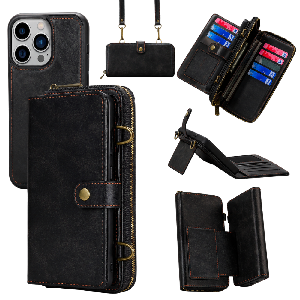 Premium iPhone Case 2 in 1 Detachable Wallet PU Leather Cover Zipper Purse Magnetic Flip Clasp Card Holder Shockproof Dual Layer Protection Lanyard
