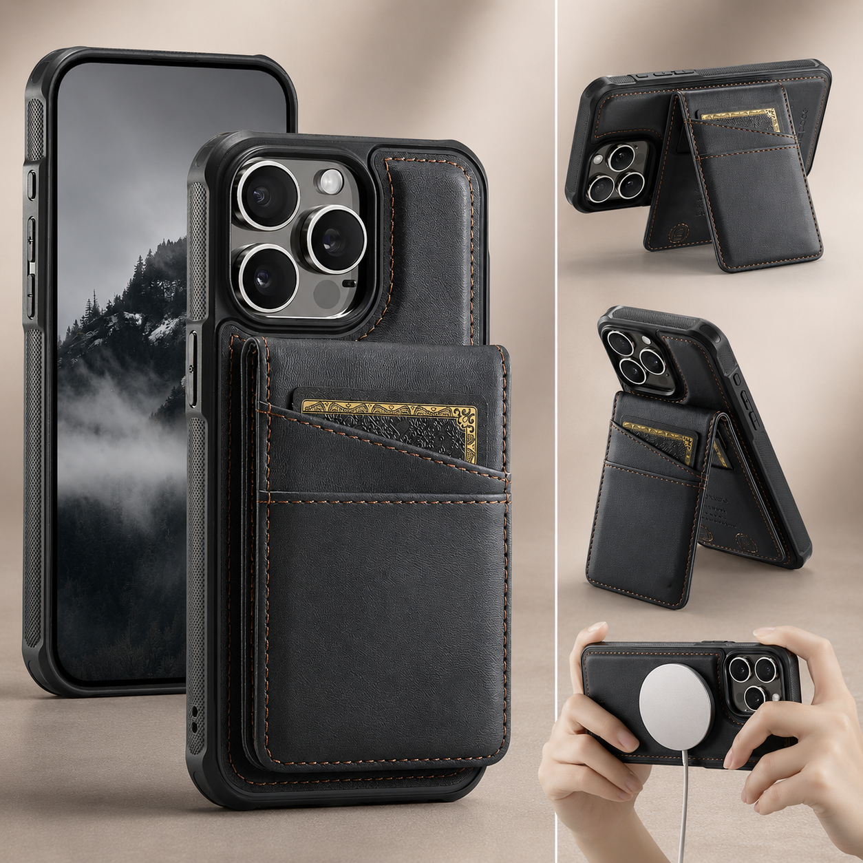 Premium iPhone Case 2-in-1 Magnetic Detachable Wallet Flip Cover Card Holder Cash Pocket Wrist Strap Shockproof Full Protection Slim Design