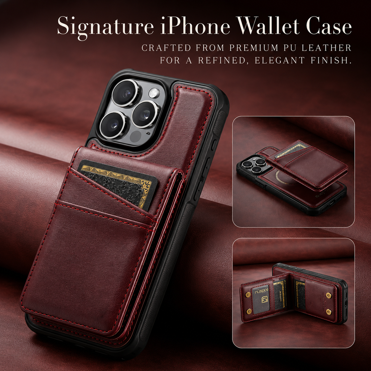 Premium iPhone Case 2-in-1 Magnetic Detachable Wallet Flip Cover Card Holder Cash Pocket Wrist Strap Shockproof Full Protection Slim Design