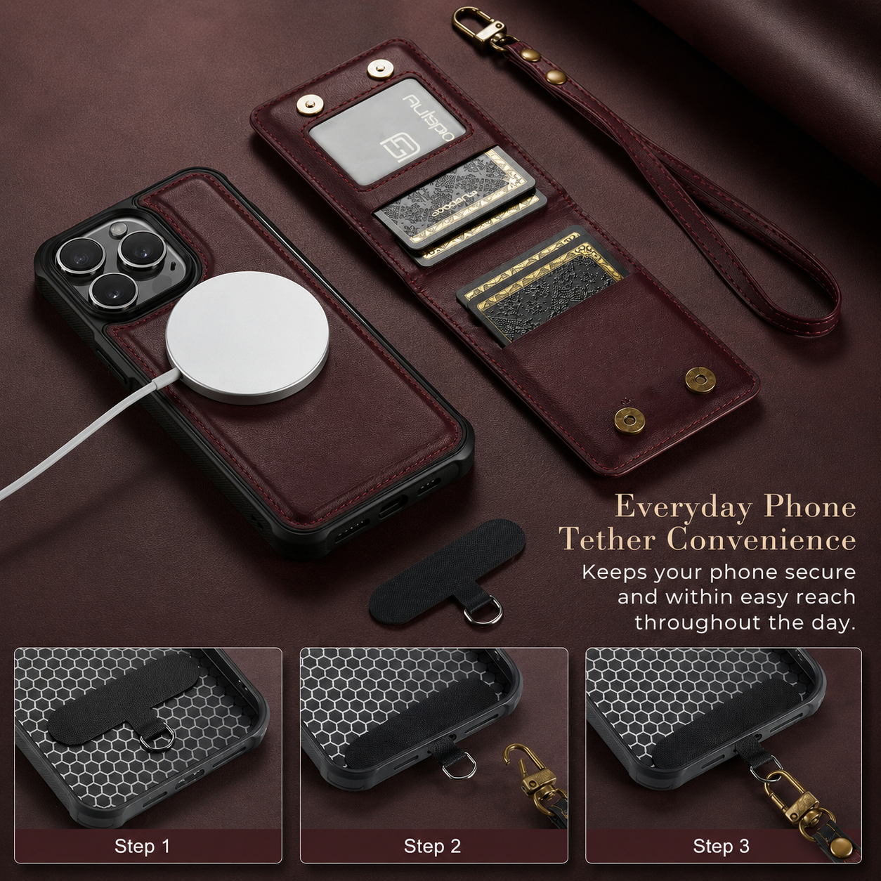 Premium iPhone Case 2-in-1 Magnetic Detachable Wallet Flip Cover Card Holder Cash Pocket Wrist Strap Shockproof Full Protection Slim Design
