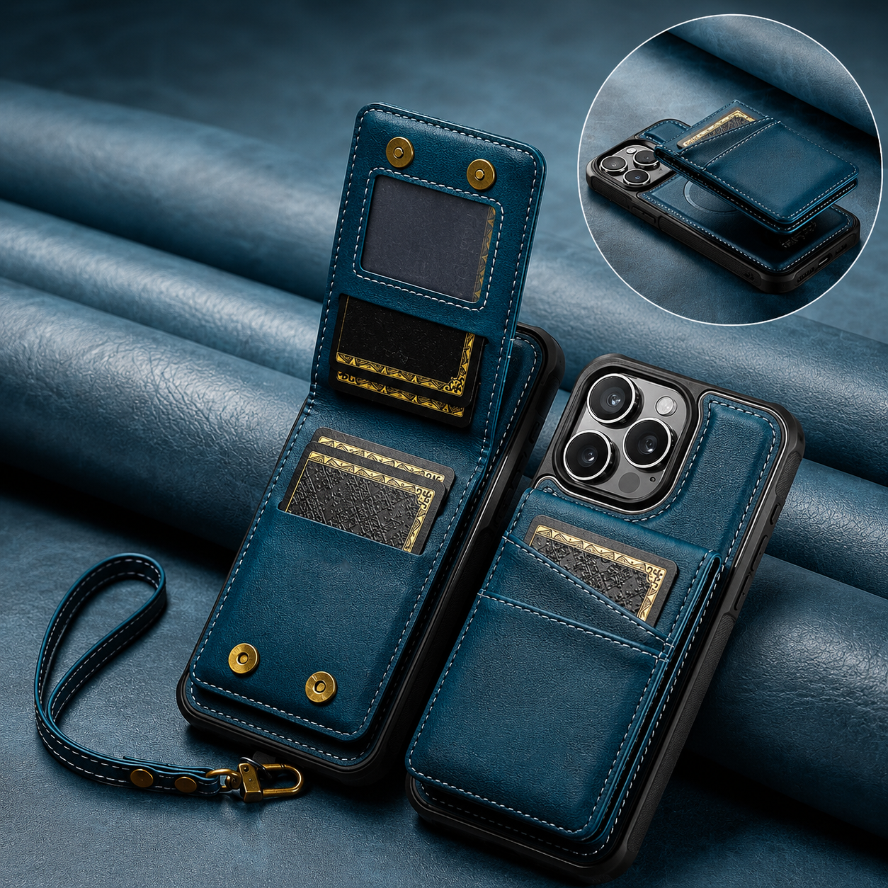 Premium iPhone Case 2-in-1 Magnetic Detachable Wallet Flip Cover Card Holder Cash Pocket Wrist Strap Shockproof Full Protection Slim Design