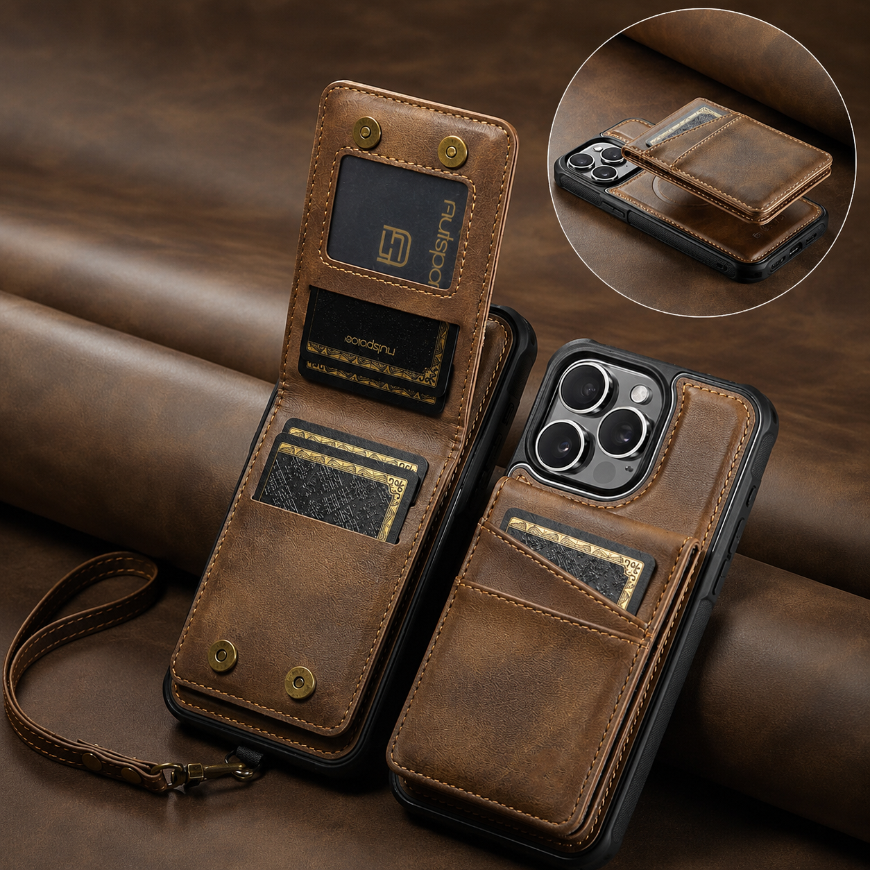 Premium iPhone Case 2-in-1 Magnetic Detachable Wallet Flip Cover Card Holder Cash Pocket Wrist Strap Shockproof Full Protection Slim Design