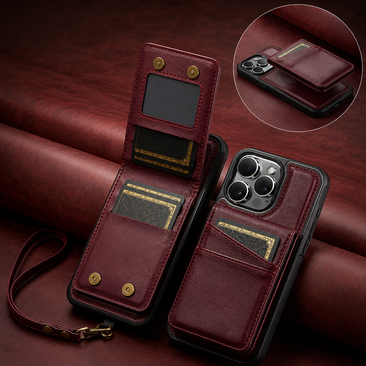 Premium iPhone Case 2-in-1 Magnetic Detachable Wallet Flip Cover Card Holder Cash Pocket Wrist Strap Shockproof Full Protection Slim Design