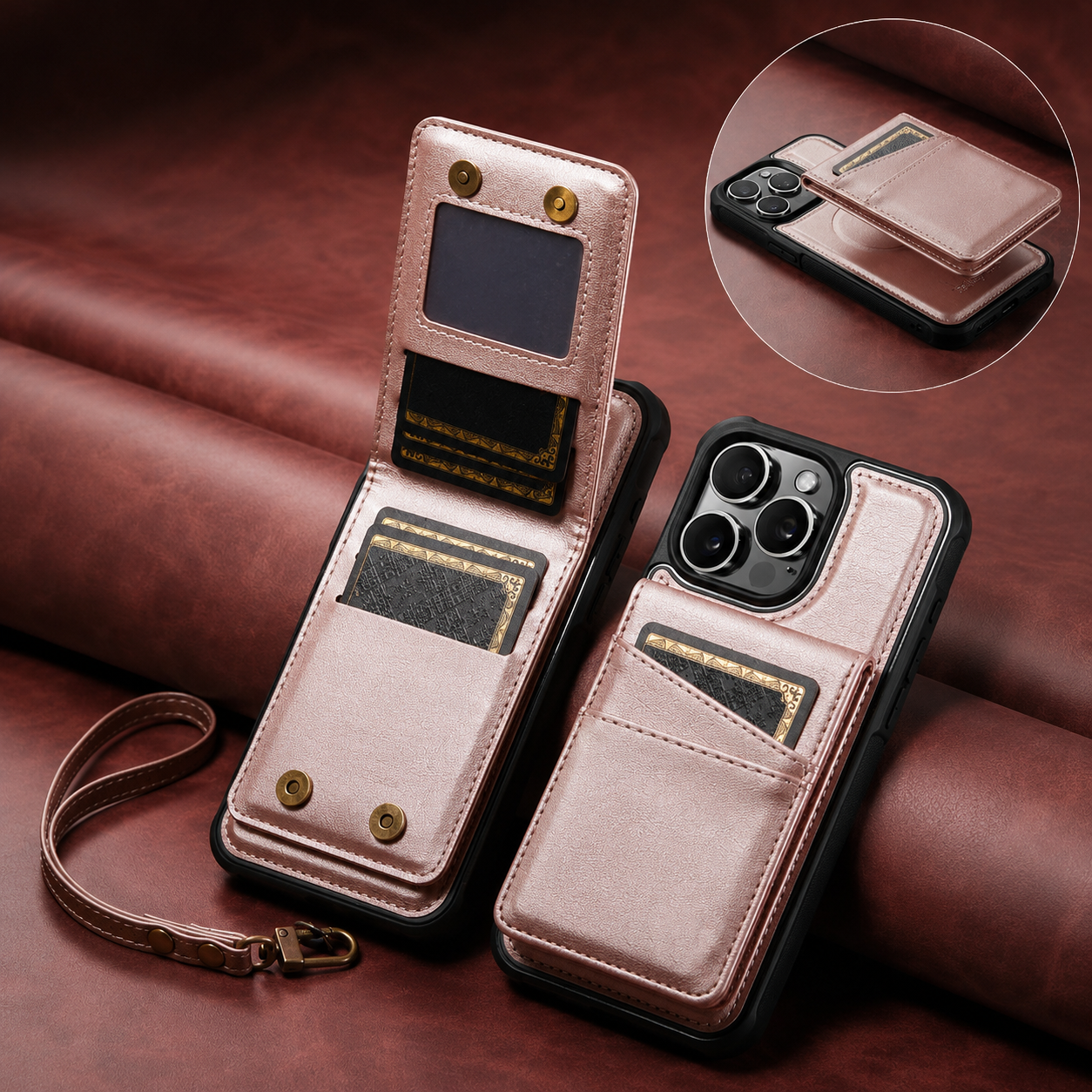 Premium iPhone Case 2-in-1 Magnetic Detachable Wallet Flip Cover Card Holder Cash Pocket Wrist Strap Shockproof Full Protection Slim Design