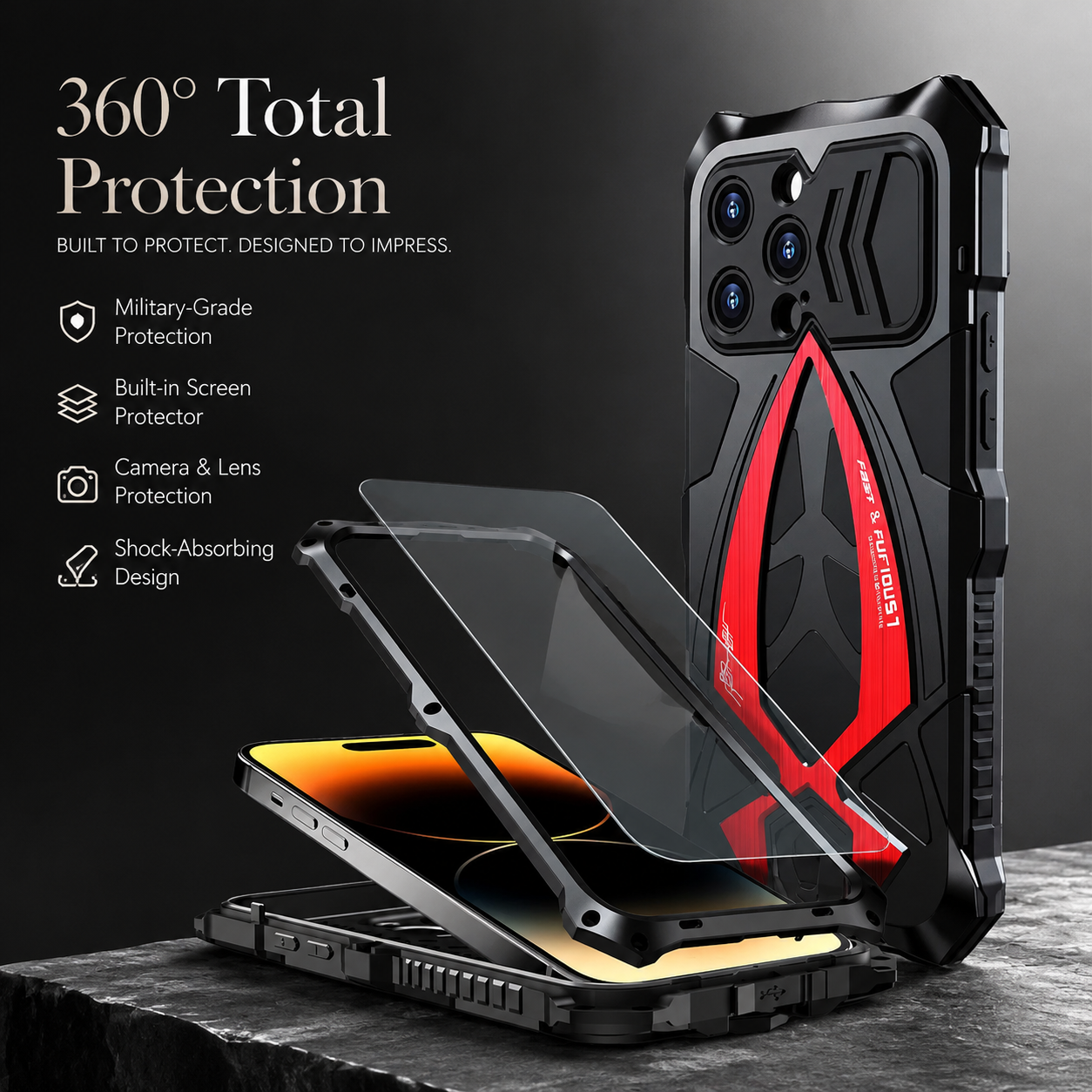 Premium iPhone Case 360° Full Coverage Metal Armor, Heavy-Duty Protective Bumper Frame with Shockproof Design, Secure Grip and Camera Protection