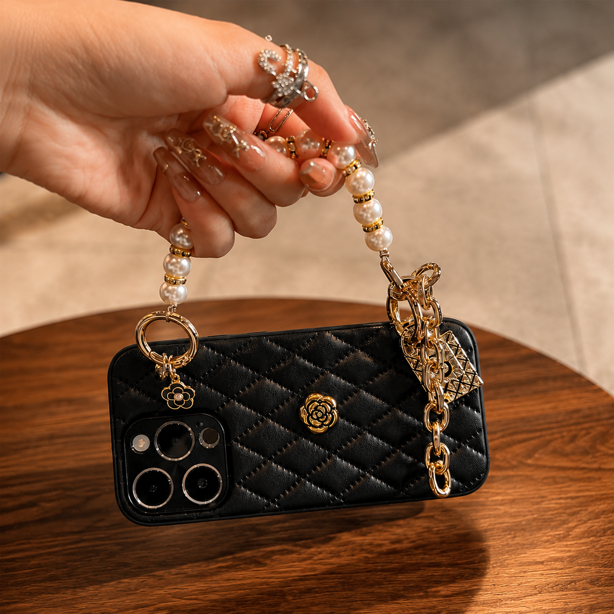 Premium iPhone Case 3D Camellia Floral Design Protective Cover Chain Strap Shockproof Anti Scratch Elegant Lightweight Slim Fit Decorative Accessory