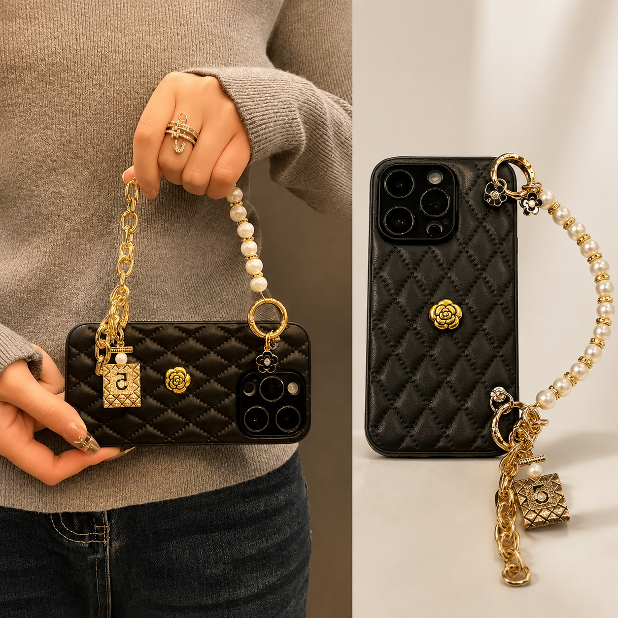 Premium iPhone Case 3D Camellia Floral Design Protective Cover Chain Strap Shockproof Anti Scratch Elegant Lightweight Slim Fit Decorative Accessory