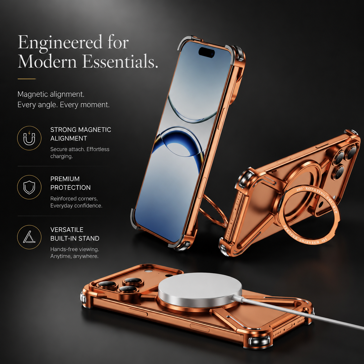 Premium iPhone Case Aluminum Alloy Metal Bumper Cover Magnetic Kickstand Shockproof Non Slip Grip Durable Protective Case Anti Drop Design Lightweight Frame