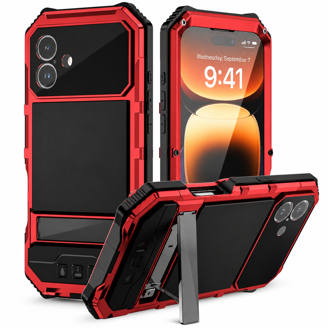 Premium iPhone Case Aluminum Armor Cover with Built In Glass Screen Protector, Camera Lens Protection, Shockproof Dual Layer Design and Kickstand