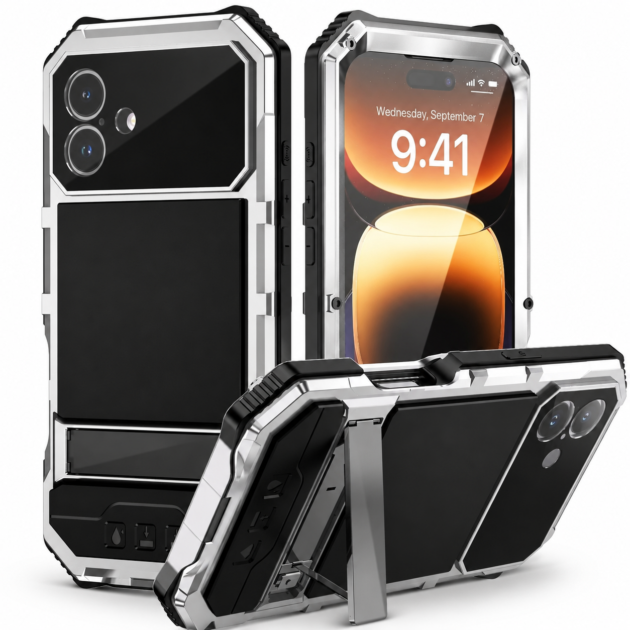 Premium iPhone Case Aluminum Armor Cover with Built In Glass Screen Protector, Camera Lens Protection, Shockproof Dual Layer Design and Kickstand