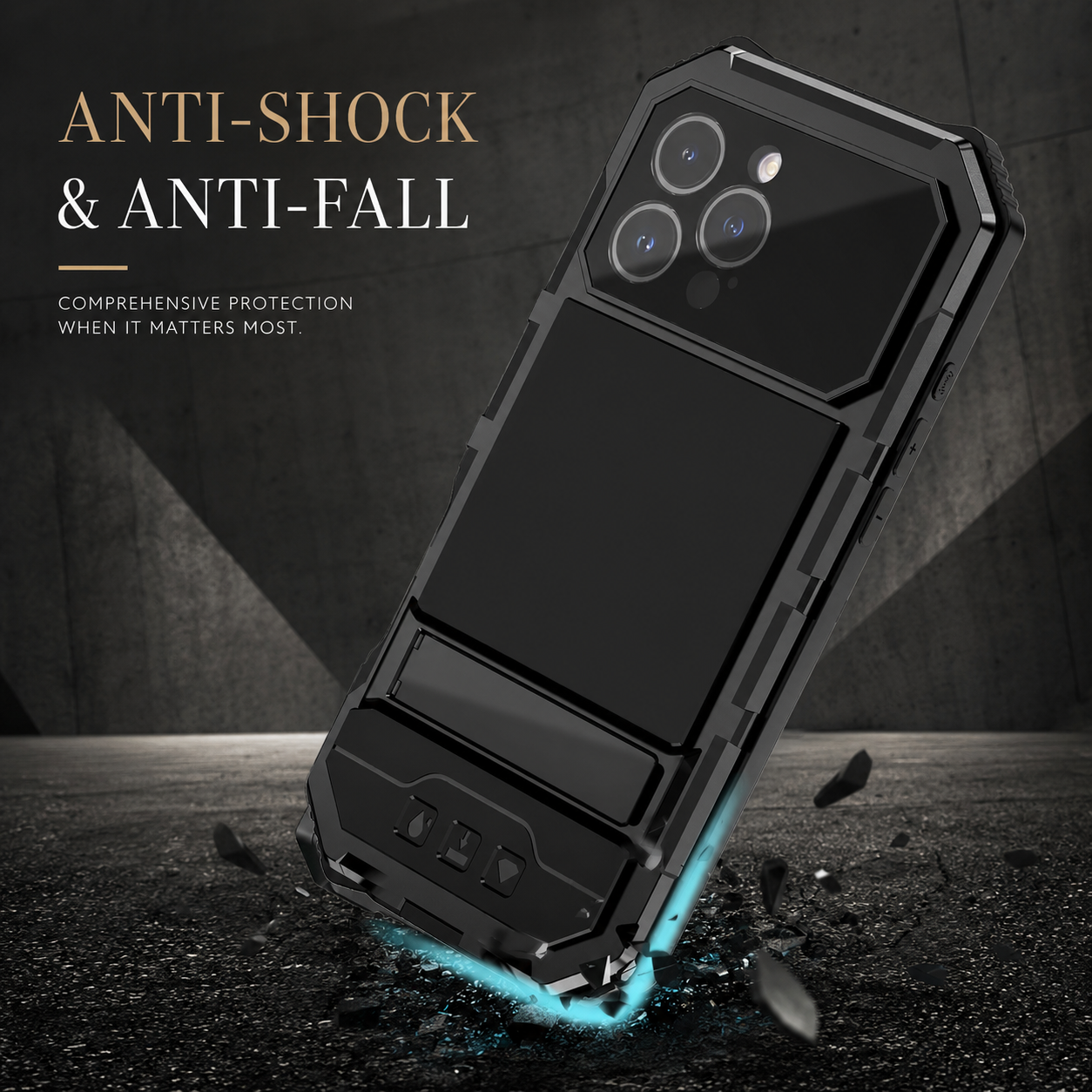 Premium iPhone Case Aluminum Armor Cover with Built In Glass Screen Protector, Camera Lens Protection, Shockproof Dual Layer Design and Kickstand