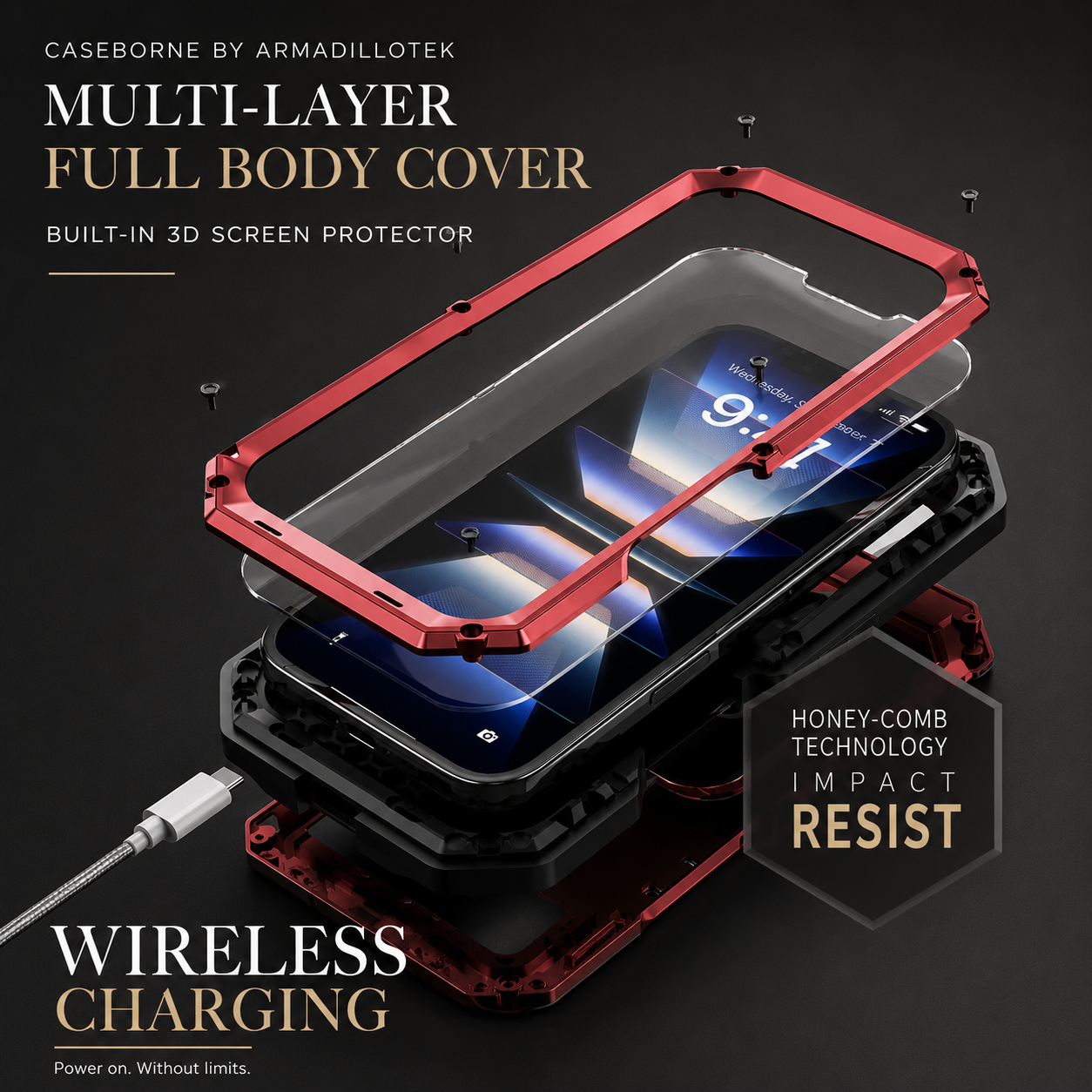 Premium iPhone Case Aluminum Armor Cover with Built In Glass Screen Protector, Camera Lens Protection, Shockproof Dual Layer Design and Kickstand