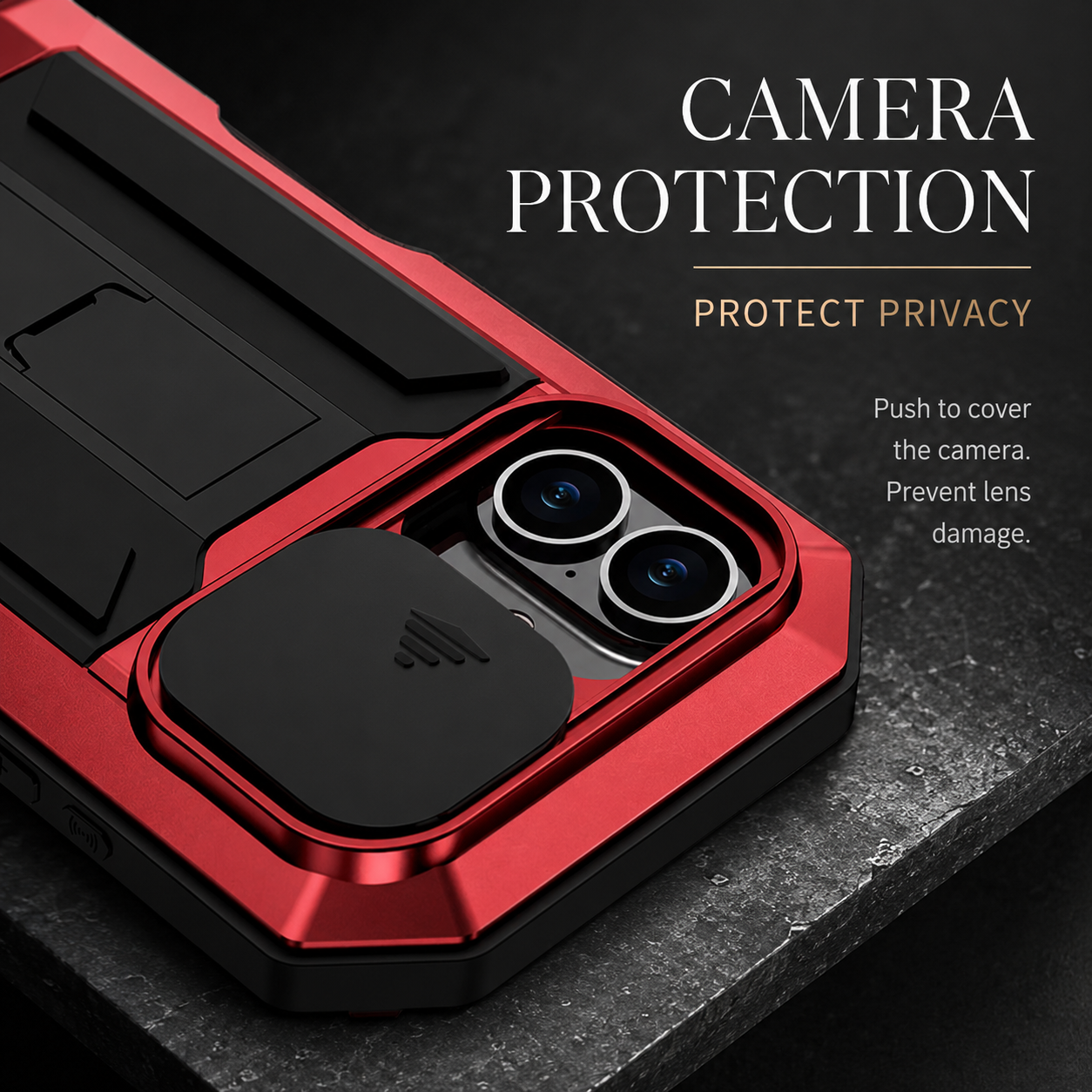 Premium iPhone Case Aluminum Armor Cover with Built In Glass Screen Protector, Camera Lens Protection, Shockproof Dual Layer Design and Kickstand