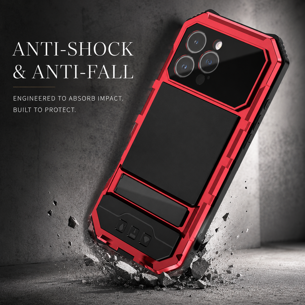 Premium iPhone Case Aluminum Armor Cover with Built In Glass Screen Protector, Camera Lens Protection, Shockproof Dual Layer Design and Kickstand